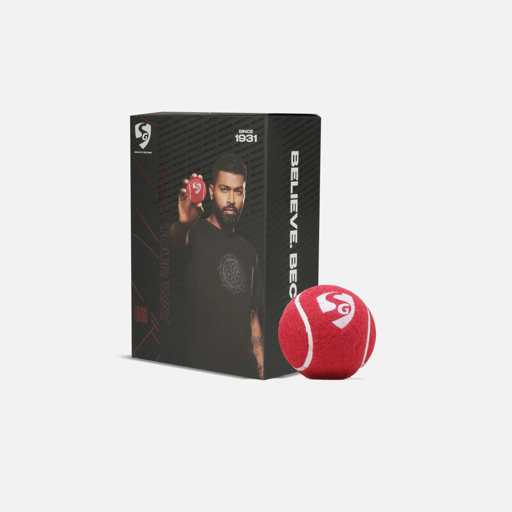 SG Club Heavy tennis cricket balls pack of 6 box packaging featuring Hardik Pandya next to a red cricket ball.