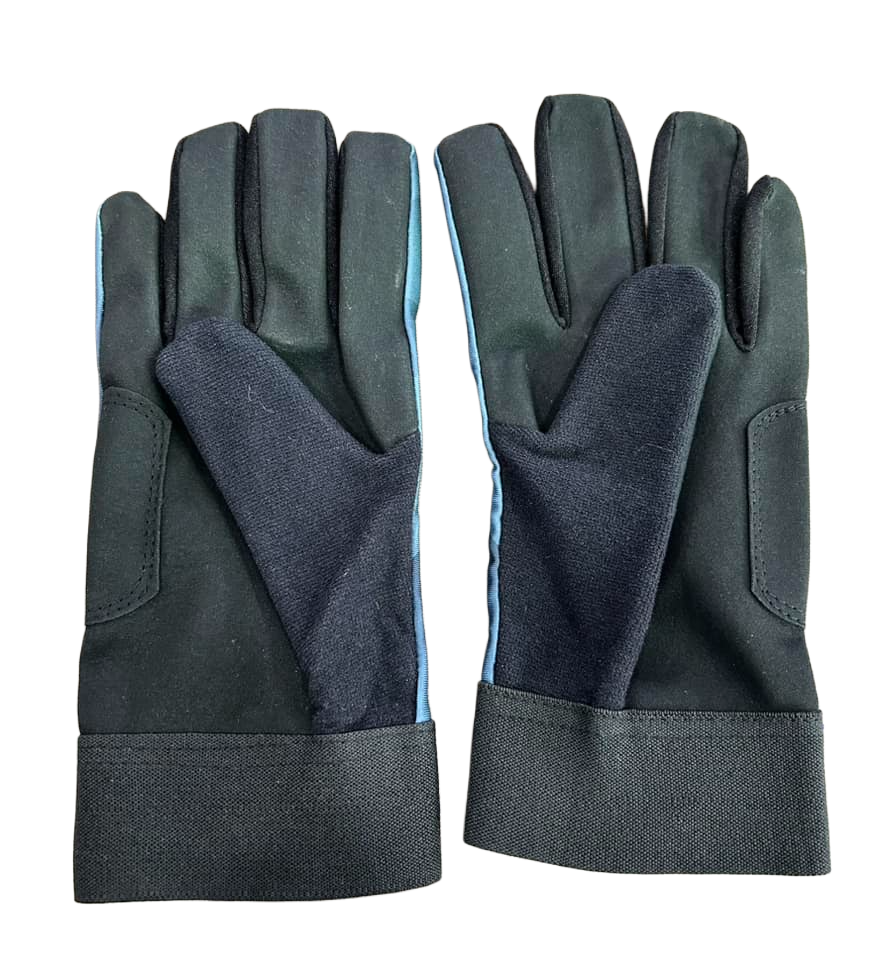 Palm view of a pair of black TM tape ball batting gloves with light blue edging.