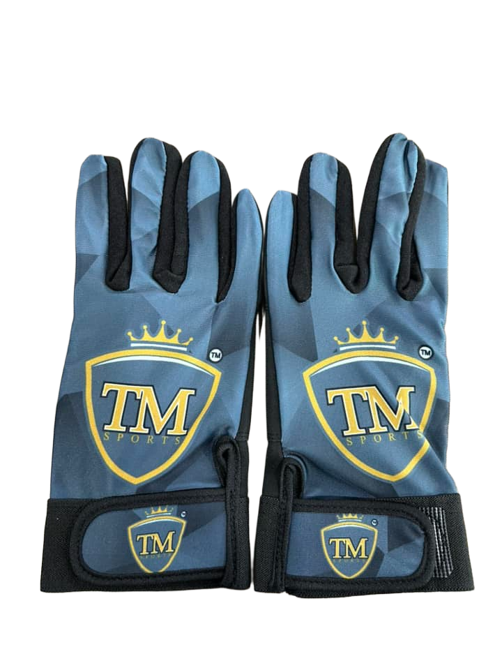 Backhand view of blue-grey TM tape ball batting gloves with yellow logos and black wrist straps.