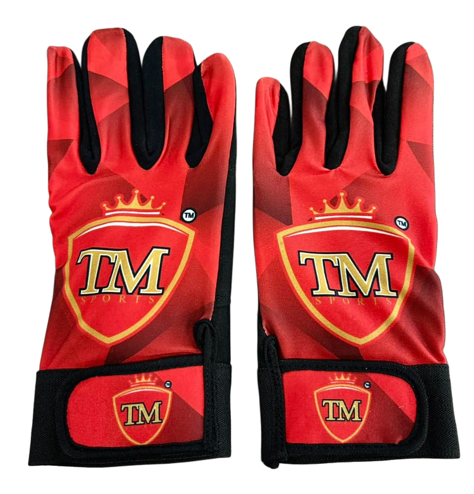 Backhand view of red TM tape ball batting gloves with yellow logos and black wrist straps.