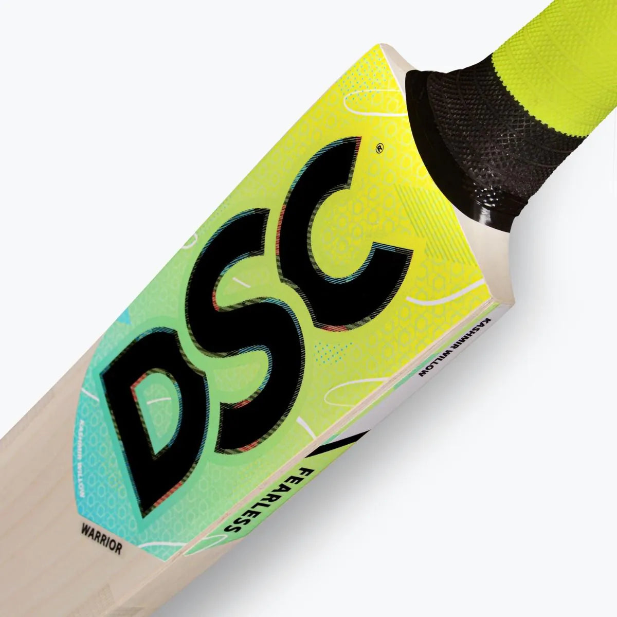 Close-up top view of DSC Wildfire Warrior tennis cricket bat shoulder with bold black DSC logo and lime green graphics.